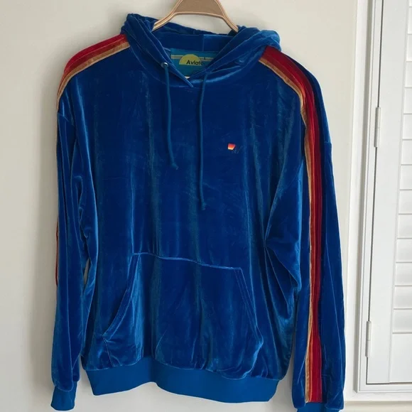 AVIATOR NATION Royal Blue Velour Hoodie with Stripes Women’s Size L NWT - Picture 1 of 11